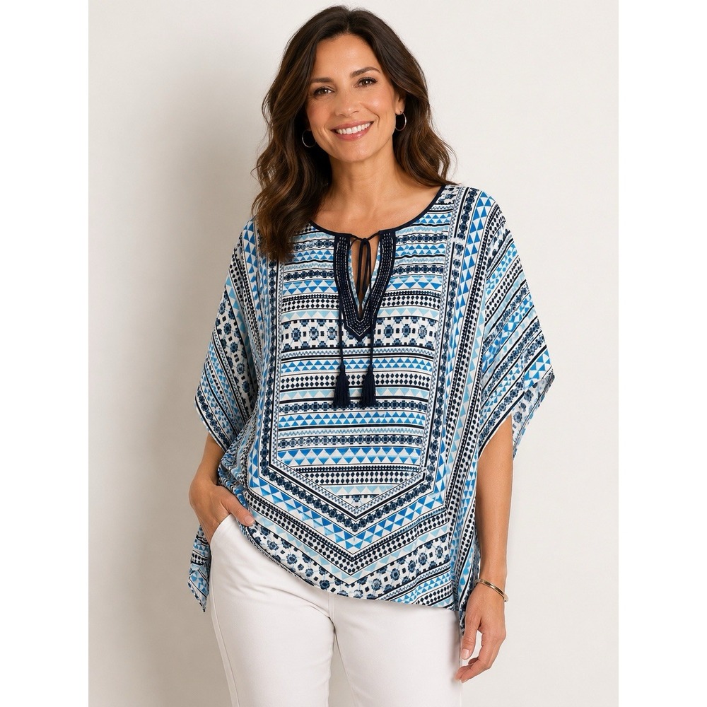 Boho Tunic Poncho Women 14/16 Blue Printed  Aztec Geometric Beaded Bat Wing Slve